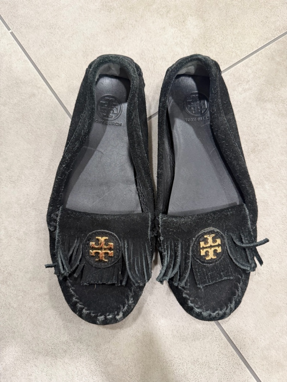 Tory Burch Black Suede Fringe Loafers with Gold Logo
